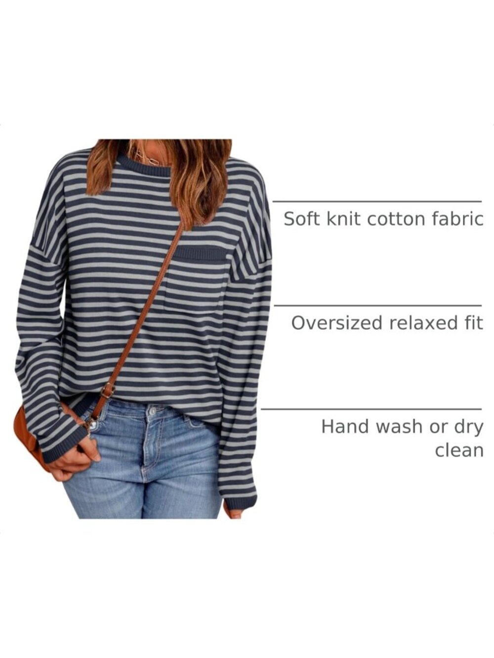 Womens Grey Striped Ribbed Cuff Oversized Crew Neck Long Sleeve Pullover Sweater - Picture 4 of 6